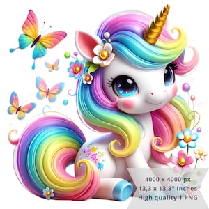 Puede incluir: Un unicornio arcoíris colorido con un cuerno dorado y una corona de flores. El unicornio tiene ojos azules y una nariz rosa. El unicornio está sentado sobre un fondo blanco con mariposas y flores.