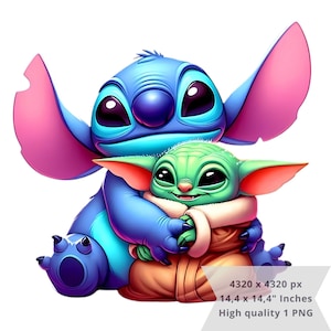 Pode incluir: Um personagem Stitch azul e rosa do filme da Disney Lilo & Stitch está abraçando um personagem Baby Yoda verde da série Star Wars The Mandalorian.