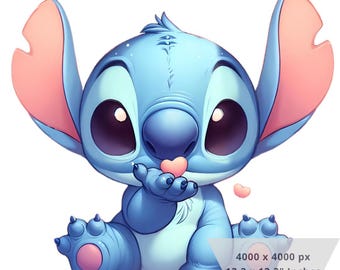 May include: A blue and pink cartoon character with large eyes and a big smile. The character is holding a pink heart in its hand and is blowing a kiss. The character is sitting on a white background.