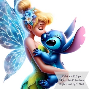 May include: A digital illustration of a fairy with blonde hair and blue flower accents kissing a blue alien-like creature. The fairy has translucent blue wings and wears a green and yellow dress. The image is set against a white background.