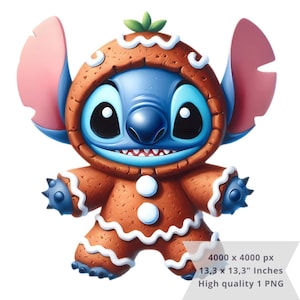 1 PNG かわいいステッチ クリスマス ジンジャー クリップアート画像、昇華用デジタル デザイン PNG ファイル、高解像度、インスタント デジタル PNG ダウンロード