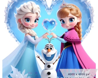 May include: A digital illustration of two young girls, Elsa and Anna from the movie Frozen, standing in front of a blue heart-shaped background. Elsa is wearing a light blue dress with a white cape and a blonde braid. Anna is wearing a blue dress with a pink cape and a brown braid. Olaf the snowman is standing between them. The image is 4000 x 4000 pixels and 13.3 x 13.3 inches.