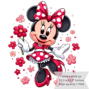1 PNG Cute Minnie Red Flowers, Images clipart, Fichier PNG de conception numérique pour sublimation, Haute résolution, Téléchargement PNG numérique instantané
