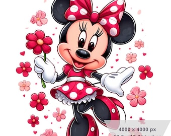 1 PNG Cute Minnie Red Flowers, Clipart Images, Digital design PNG file for sublimation, High Resolution, Instant Digital PNG Download