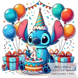 1 PNGかわいいスティッチ誕生日4歳、クリップアート画像、昇華用デジタルデザインPNGファイル、高解像度、インスタントデジタルPNGダウンロード