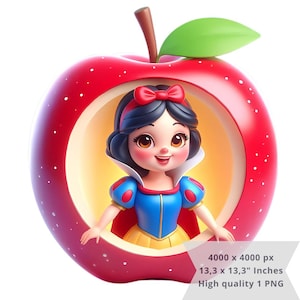 1 PNG アップルのかわいい白雪姫, クリップアート画像, 昇華用のデジタル デザイン PNG ファイル, 高解像度, インスタントデジタル PNG ダウンロード