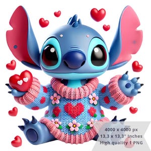 1 PNG かわいいステッチのハートと花, クリップアート画像, 昇華用デジタル デザイン PNG ファイル, 高解像度, インスタントデジタル PNG ダウンロード