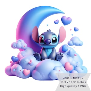 May include: A 3D rendering of a blue and purple cartoon character sitting on a cloud, with a crescent moon in the background. The character has large ears and eyes, surrounded by pink and blue hearts. The image is high quality.