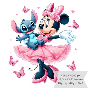 Puede incluir: Ilustraci&oacute;n digital de Minnie Mouse y Stitch. Minnie Mouse lleva un vestido rosa y una diadema floral, Stitch es un alien azul. Mariposas y corazones rosas rodean a los personajes. Imagen de alta calidad.