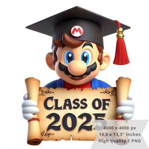 1 PNG Cute Super Mario Graduation, Clipart Bilder, Digitales Design PNG Datei für Sublimation, Hohe Auflösung, Sofortiger digitaler PNG Download