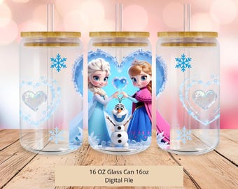 PNG Kärlek Elsa, Olaf och Anna Libbey Glasburkplast, 16oz burkglasdesign, Libbey burkglassublimering, fryst tumblerplast, digital fil
