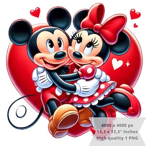 1 PNG Minnie y Mickey Love Valentine, Imágenes prediseñadas, Archivo PNG de diseño digital para sublimación, Alta resolución, Descarga PNG digital