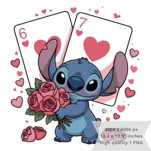 Può includere: Un personaggio blu dei cartoni animati che tiene in mano un mazzo di rose rosa, con due carte da gioco con cuori. Le carte mostrano un sei e un sette di cuori. Cuori rosa sono sparsi intorno al personaggio. L'immagine è un PNG di alta qualità.