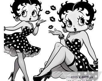 1 PNG Betty Boop Black and White, Clipart Images, Digital design PNG file for sublimation, High Resolution, Instant Digital PNG Download
