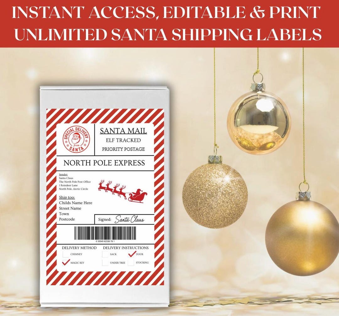 EDITABLE Santa Shipping Label Template, North Pole Delivery Digital