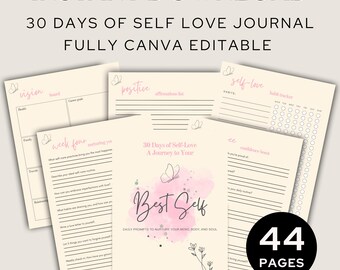 Diario de amor propio / Reto de bienestar de 30 días, editable en Canva (descarga digital)