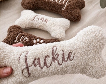 Juguete personalizado para perros con forma de hueso y nombre – Juguete de peluche bordado con sonido – Regalo personalizado para mascotas