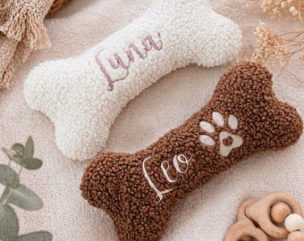 Juguete con forma de hueso para perros con nombre bordado, peluche personalizado con sonido de cachorro, regalo para adopción de perros