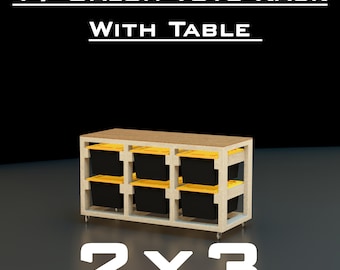 May include: A wooden storage rack with six black and yellow bins. The rack has a light-colored top and frame, with the text "17 Gallon Tote Rack With Table" and "2 X 3" in white.