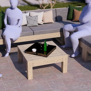 May include: A wooden outdoor furniture set with a sectional sofa, a coffee table, and three chairs. The sofa has grey cushions and the chairs have grey cushions. The coffee table has a tray on top with two glass bottles and a small dish.