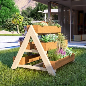 May include: A wooden, three-tiered planter with a triangular frame. Each level holds various plants and flowers, creating a vibrant display. The structure is set on a grassy lawn, with a pool and trees in the background.