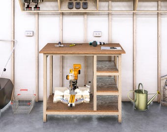 May include: A woodworking workshop scene featuring a wooden workbench with a yellow and silver miter saw. The workbench has two shelves and is surrounded by tools, including a drill, screwdrivers, and a watering can. The background includes wooden shelving and a concrete floor.