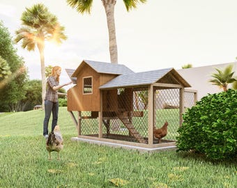 May include: A wooden chicken coop with a brown roof and a wire mesh enclosure. A woman in a blue shirt and jeans is standing near the coop, and there are several chickens in the yard.