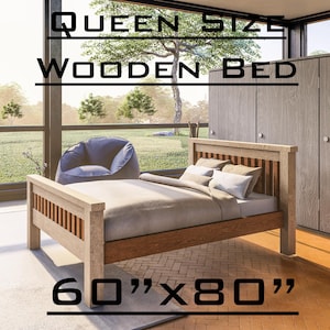 Puede incluir: Cama de madera tamaño Queen, 152 cm x 203 cm, con acabado marrón claro. La cama tiene cabecero y piecero con lamas verticales. La cama es de madera y tiene un diseño sencillo y moderno.