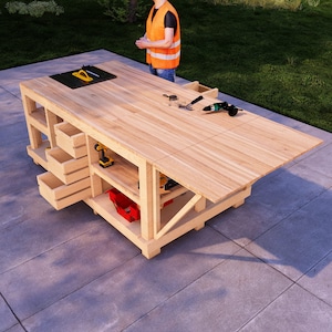 Handmade Wooden Workshop Bench Plans & Drawings, DIY Folding Workbench Kit, Furniture Woodworking Outdoor Bench Patterns, Foldable Workbench