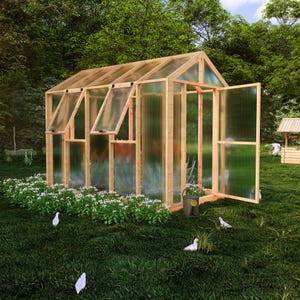 DIY Backyard Greenhouse Plans, 6x10 Ft Wooden Structure with Polycarbonate Panels, Sturdy 2x4 Frame Optimized Ventilation Windows and Door