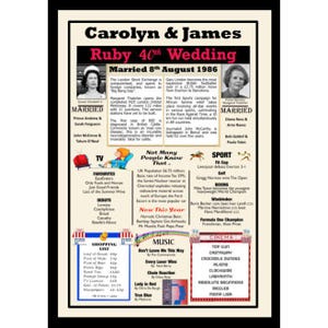 May include: A framed commemorative print titled Carolyn & James Ruby 40th Wedding, dated 8th August 1986. The poster features historical facts, news headlines, sports results, popular music, and cinema releases from 1986, alongside black and white portraits.