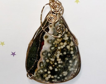 Pendant Necklace, Ocean Jasper, Wire Wrapped