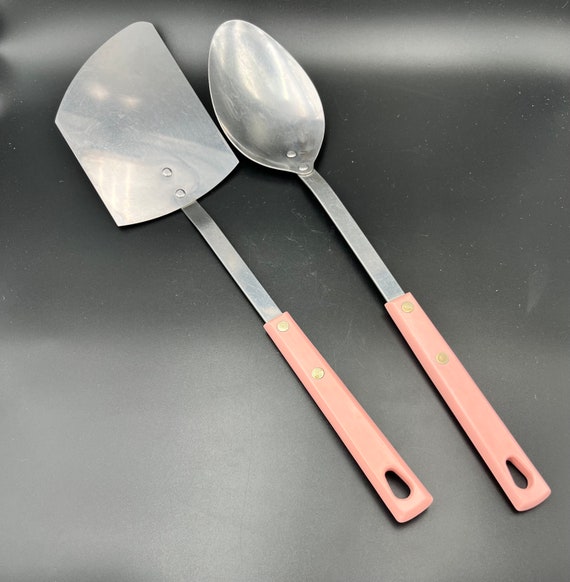 Pink Handle Cooking Utensils. Royal Brand Sharp Cutter. Stainless Steel  Spoon and Spatula. Made in USA. Riveted Handles 