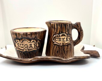 Treasure Craft Cream and Sugar set. faux bois. ceramic. made in usa