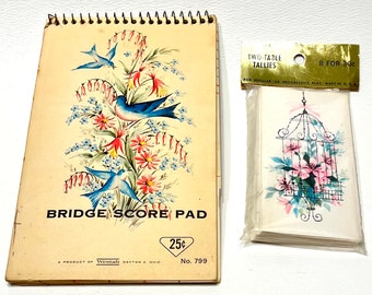 set of bridge tally cards and score pad. made by american greetings and Westab. bird cage and birds