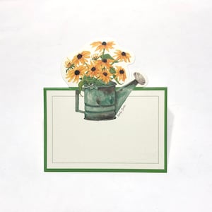 Place Cards by Caspari with  watering can and flowers. black eyed susans