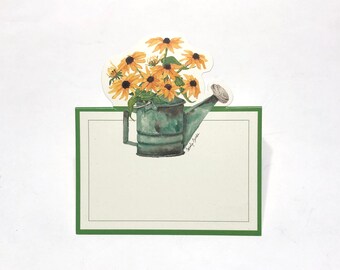 Place Cards by Caspari with  watering can and flowers. black eyed susans