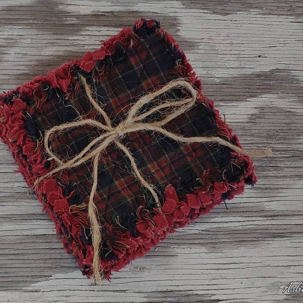 Rag Quilt Coasters, set of 4, Navy Blue Dark Red Hunter Green Tan Plaid Homespun, Farmhouse Coasters, Primitive Decor