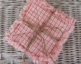 Rag Quilt Coasters, set of 4, Petal Pink, Plaid Homespun, Farmhouse Coasters, Primitive Decor