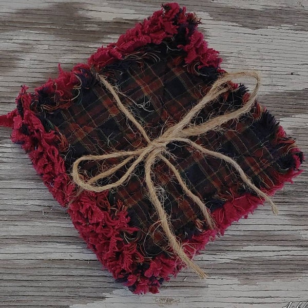 Rag Quilt Coasters, set of 4, Navy Blue Dark Red Hunter Green Tan Plaid Homespun, Farmhouse Coasters, Primitive Decor