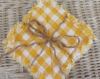 Rag Quilt Coasters, set of 4, Summer Yellow, Check Homespun, Farmhouse Coasters, Primitive Decor