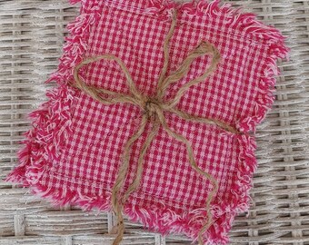 Rag Quilt Coasters, set of 4, Strawberry Pink, Tiny Check Homespun, Farmhouse Coasters, Primitive Decor