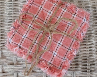 Rag Quilt Coasters, set of 4, Petal Pink, Pink White Black, Plaid Homespun, Farmhouse Coasters, Primitive Decor