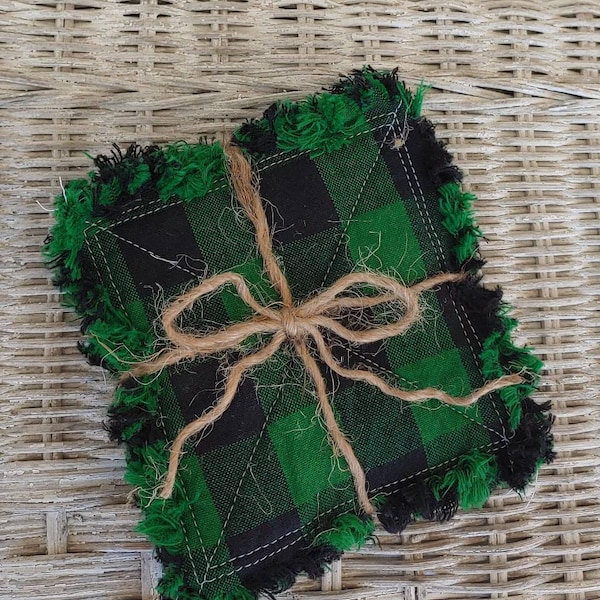 Rag Quilt Coasters, set of 4, Mountain Lodge Green, Green and Black, Large Buffalo Check Homespun, Farmhouse Coasters, Primitive Decor