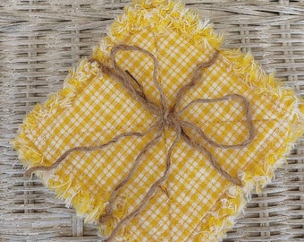 Rag Quilt Coasters, set of 4, Summer Yellow, Small Plaid Homespun, Farmhouse Coasters, Primitive Decor