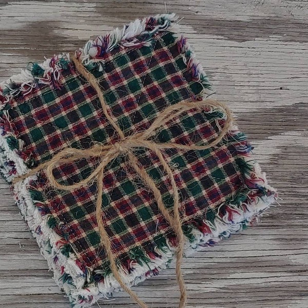 Rag Quilt Coasters, set of 4, Hunter Green Cranberry Red Beige Blue Homespun, Farmhouse Coasters, Primitive Decor