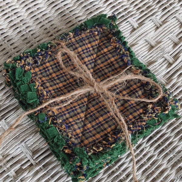 Rag Quilt Coasters, set of 4, Hunter Green Navy Blue Tan Homespun, Farmhouse Coasters, Primitive Decor