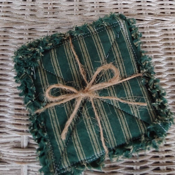 Rag Quilt Coasters, set of 4, Primitive Green, Ticking Stripe Homespun, Farmhouse Coasters, Primitive Decor