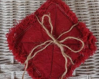 Rag Quilt Coasters, set of 4, Primitive Red, Solid Homespun, Farmhouse Coasters, Primitive Decor