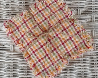 Rag Quilt Coasters, set of 4, Summer Red Green Yellow Beige, Small Plaid Homespun, Farmhouse Coasters, Primitive Decor